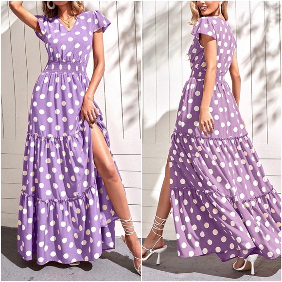 Bellanblue Dresses & Skirts - Boho Lilac Purple Polka Dot V neck Ruffle Maxi Dress